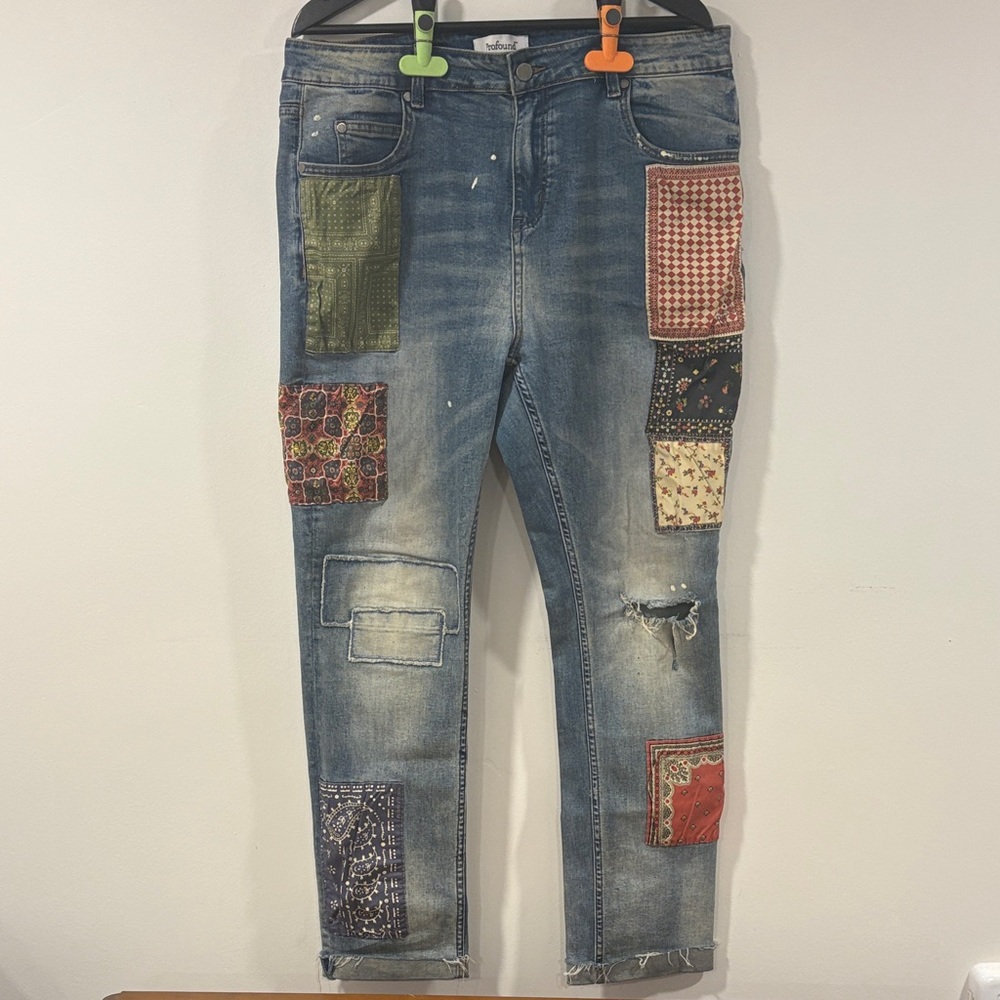 Men's Relaxed Patchwork Jeans - Blue